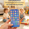 A child holds an upgraded early learning phone with 28 function buttons in a bright indoor setting.