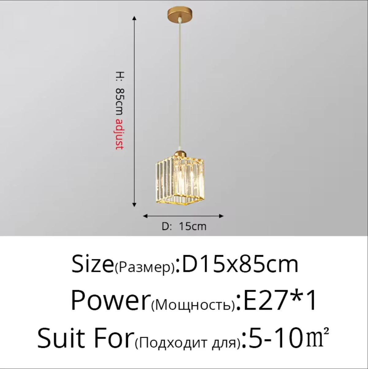 A gold crystal pendant light fixture with an iron frame suspended from the ceiling.