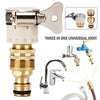 A set of three in one universal joint for garden hose taps and fittings, including various adapters and a metal faucet.