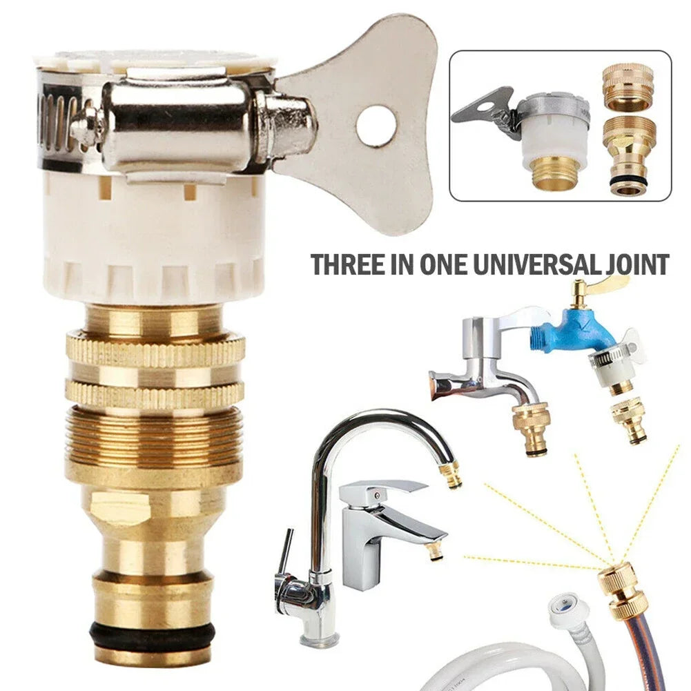A set of three in one universal joint for garden hose taps and fittings, including various adapters and a metal faucet.