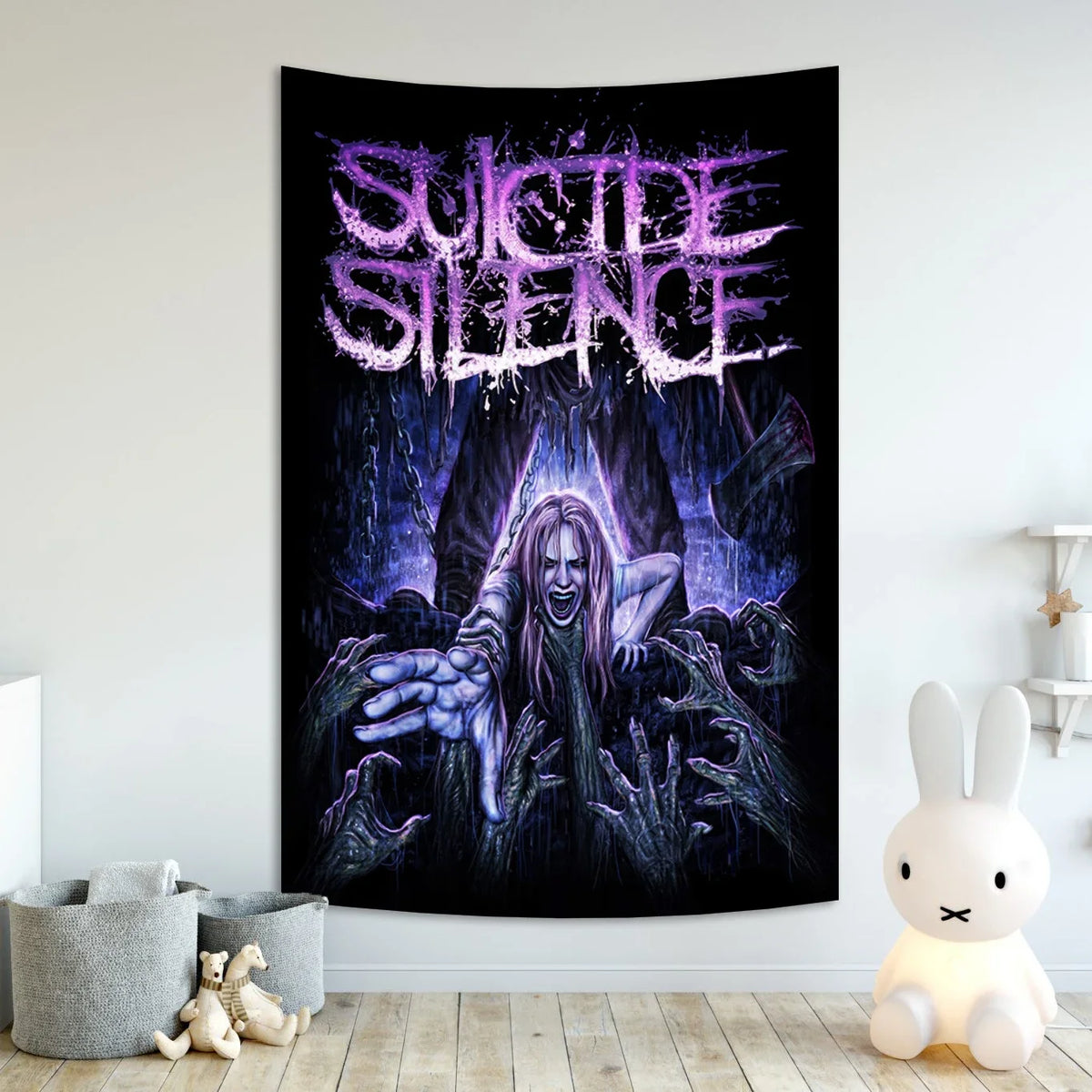 A dark gothic wall art print featuring the band Suicide Silence in purple and black text with a spectral figure.