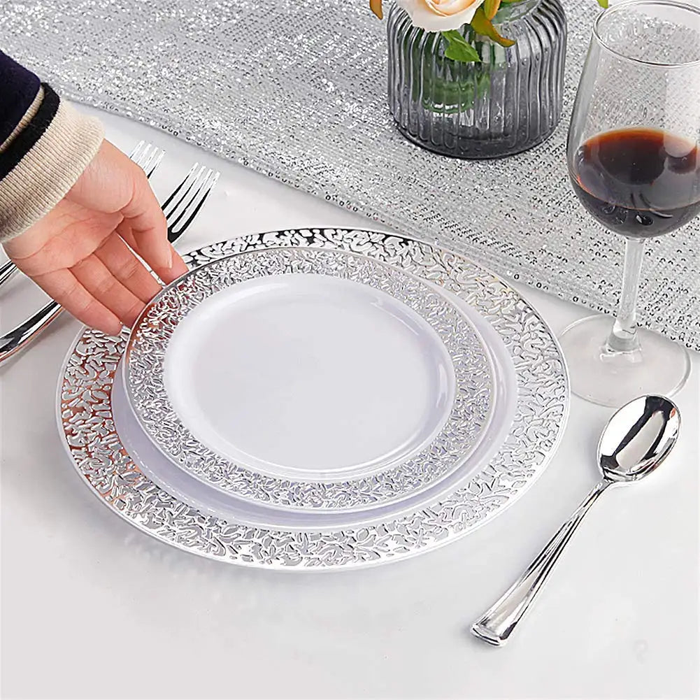 Elegant White Disposable Dinner Plates with Silver Lace Design