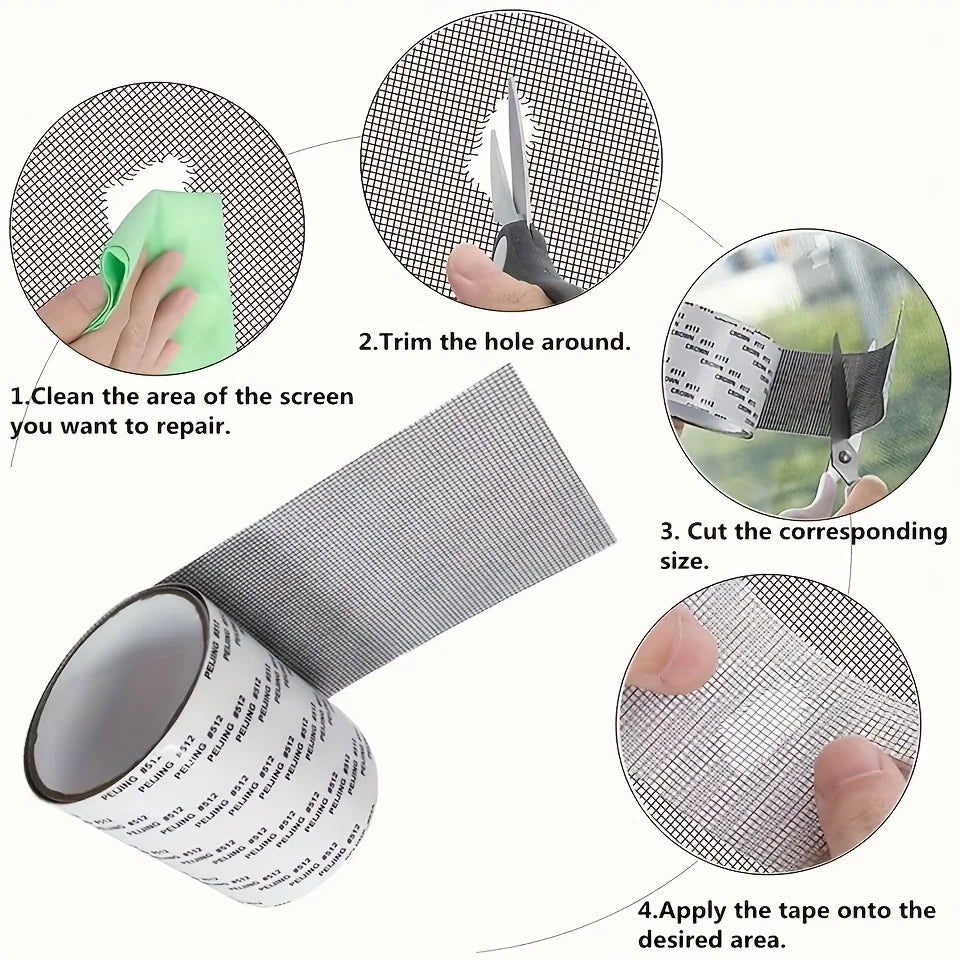 Instructions for using self-adhesive window screen repair tape to fix holes in mosquito mesh.