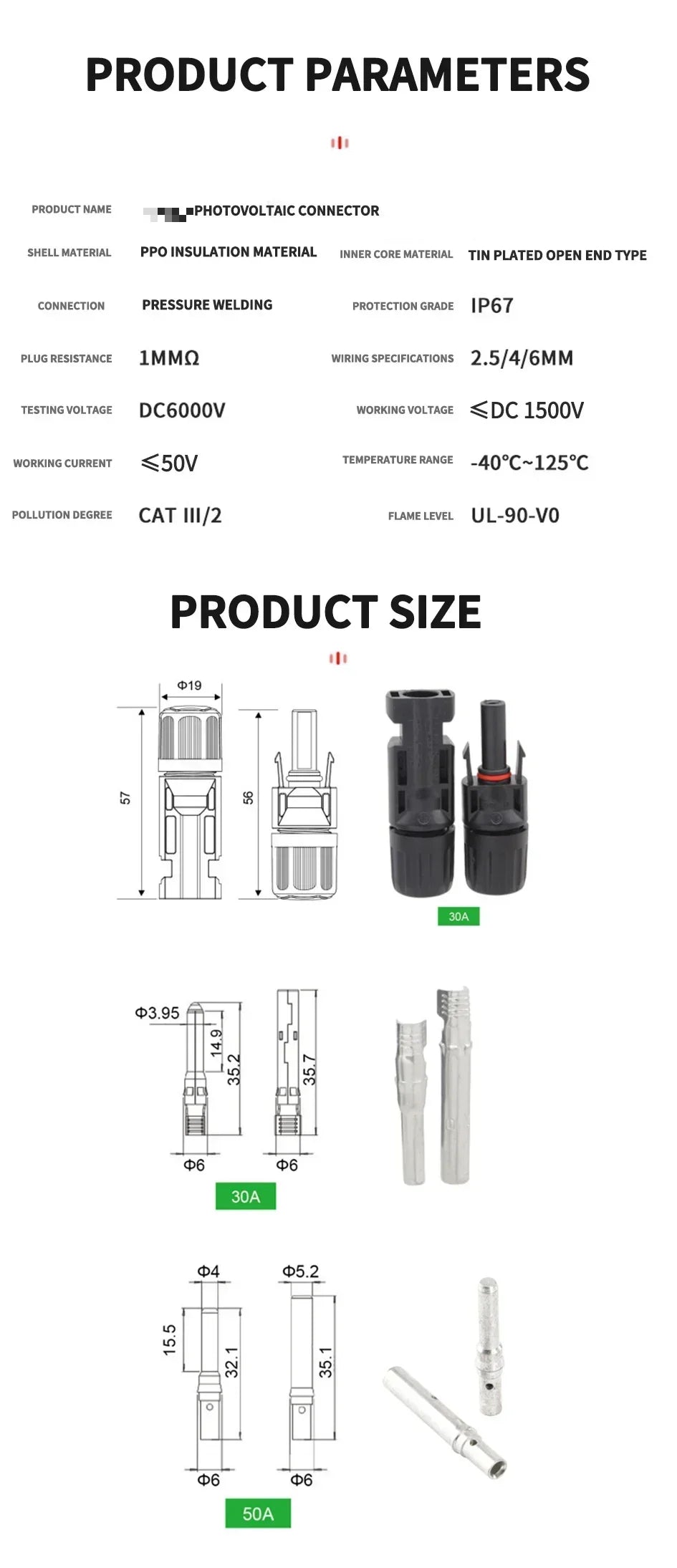 Product parameters and size diagrams for a photovoltaic connector kit.