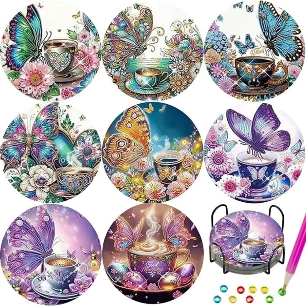 DIY Diamond Art Coaster Set with Holder – 8 Acrylic Coasters for Home Decor and Gifting
