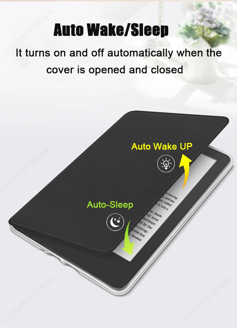 A black magnetic detachable case for a Kindle Paperwhite showing auto wake up and auto sleep features.