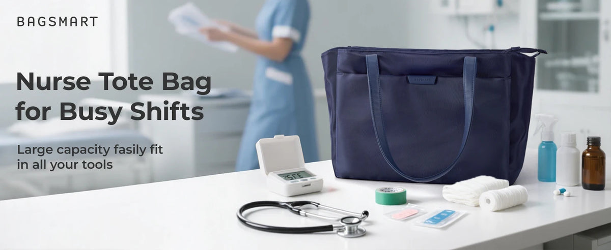 Navy nurse tote bag for busy shifts sitting on a white desk with medical tools.