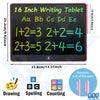 A 16 inch LCD writing tablet displaying numbers and equations for drawing, spelling, and counting activities.