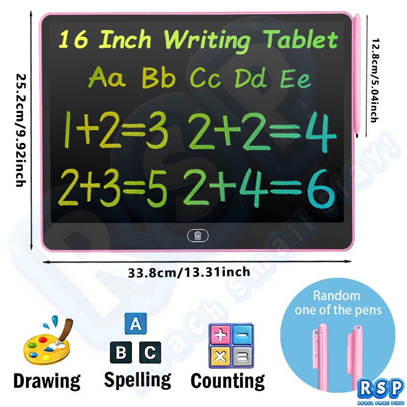 A 16 inch LCD writing tablet displaying numbers and equations for drawing, spelling, and counting activities.