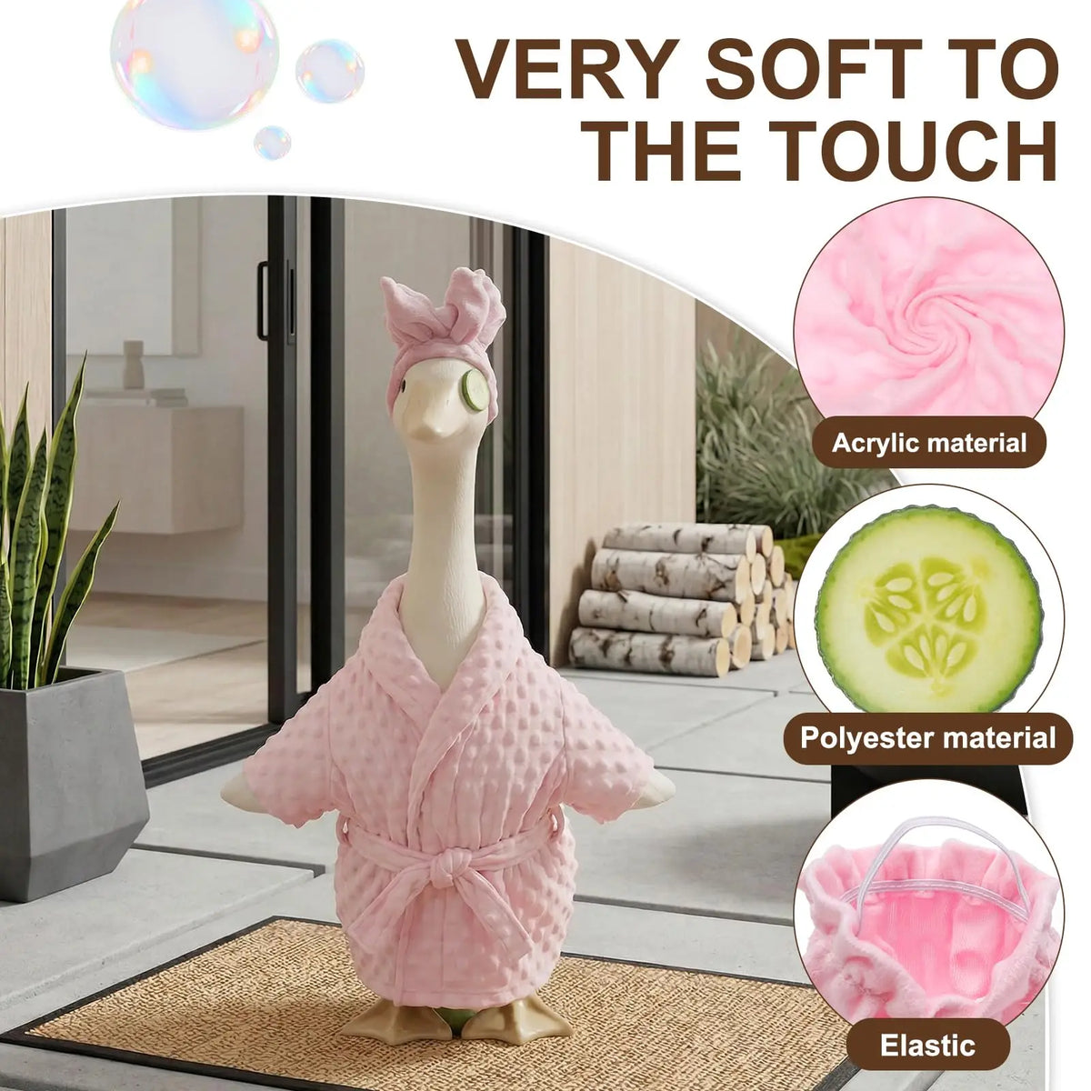 Pink acrylic and polyester fabric costume set resembling a goose, displayed on a wooden surface.