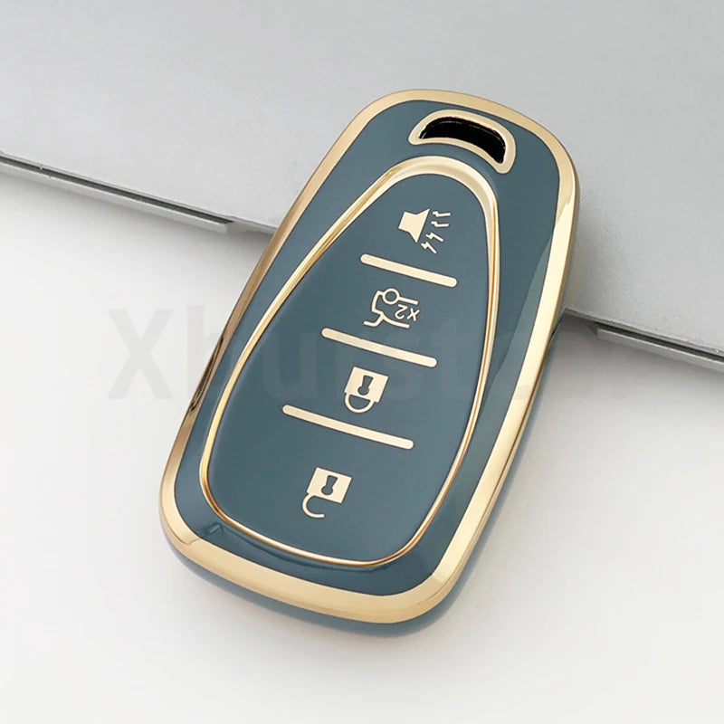 A close-up view of a durable TPU key fob cover for Chevrolet models with various buttons visible.