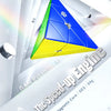 A triangular magnetic speed cube in green and blue is shown inside a white housing.