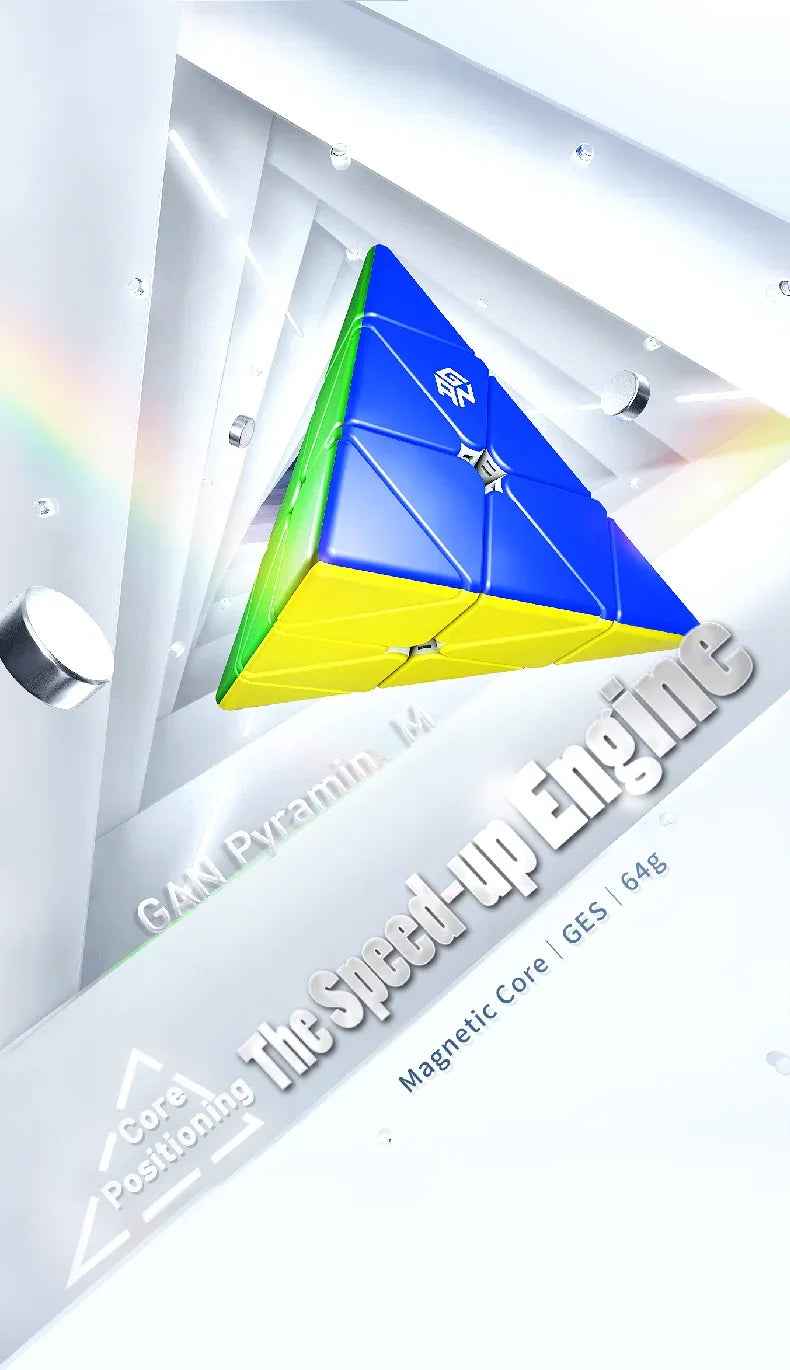 A triangular magnetic speed cube in green and blue is shown inside a white housing.