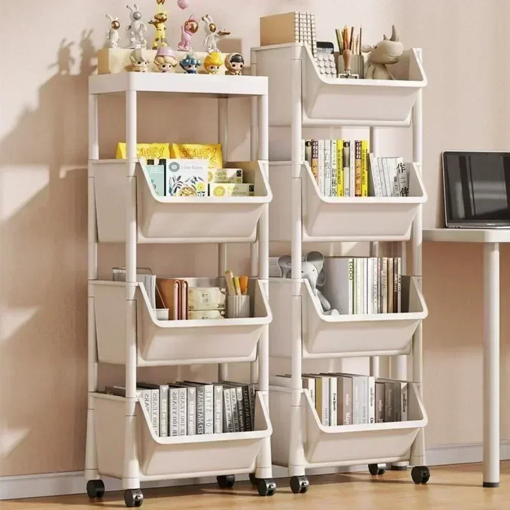 A white mobile multi-tier storage cart filled with various stationery and office supplies.