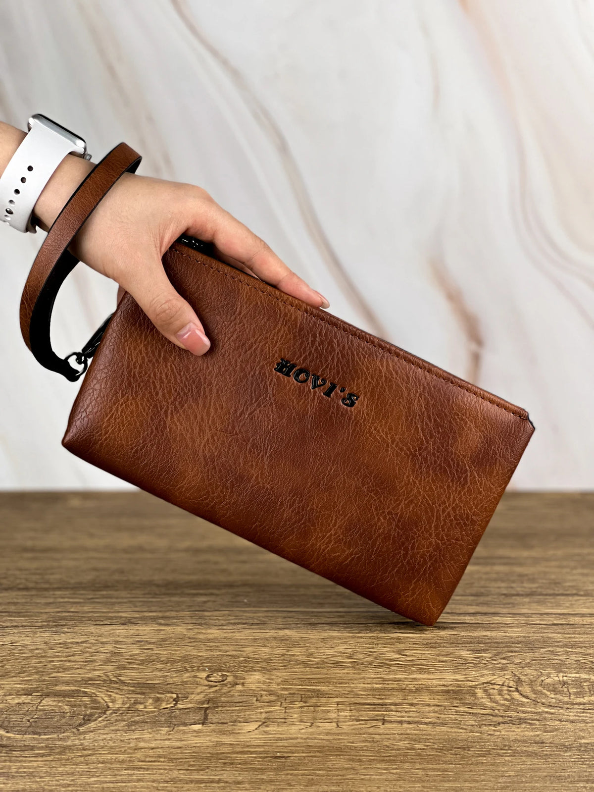 Men's Classic Leather Clutch Bag with Dual Zip Compartments