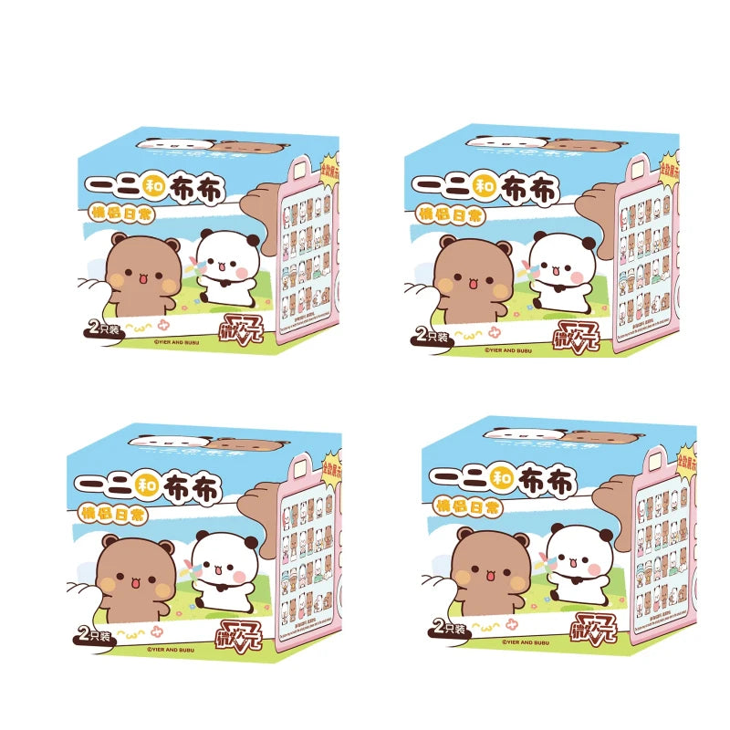 Three variations of a blind box figurine featuring a brown bear and a white bear, packaged in colorful boxes.