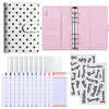 A pink A6 polka dot PU leather binder wallet with cash envelopes and card holder shown in various layouts.