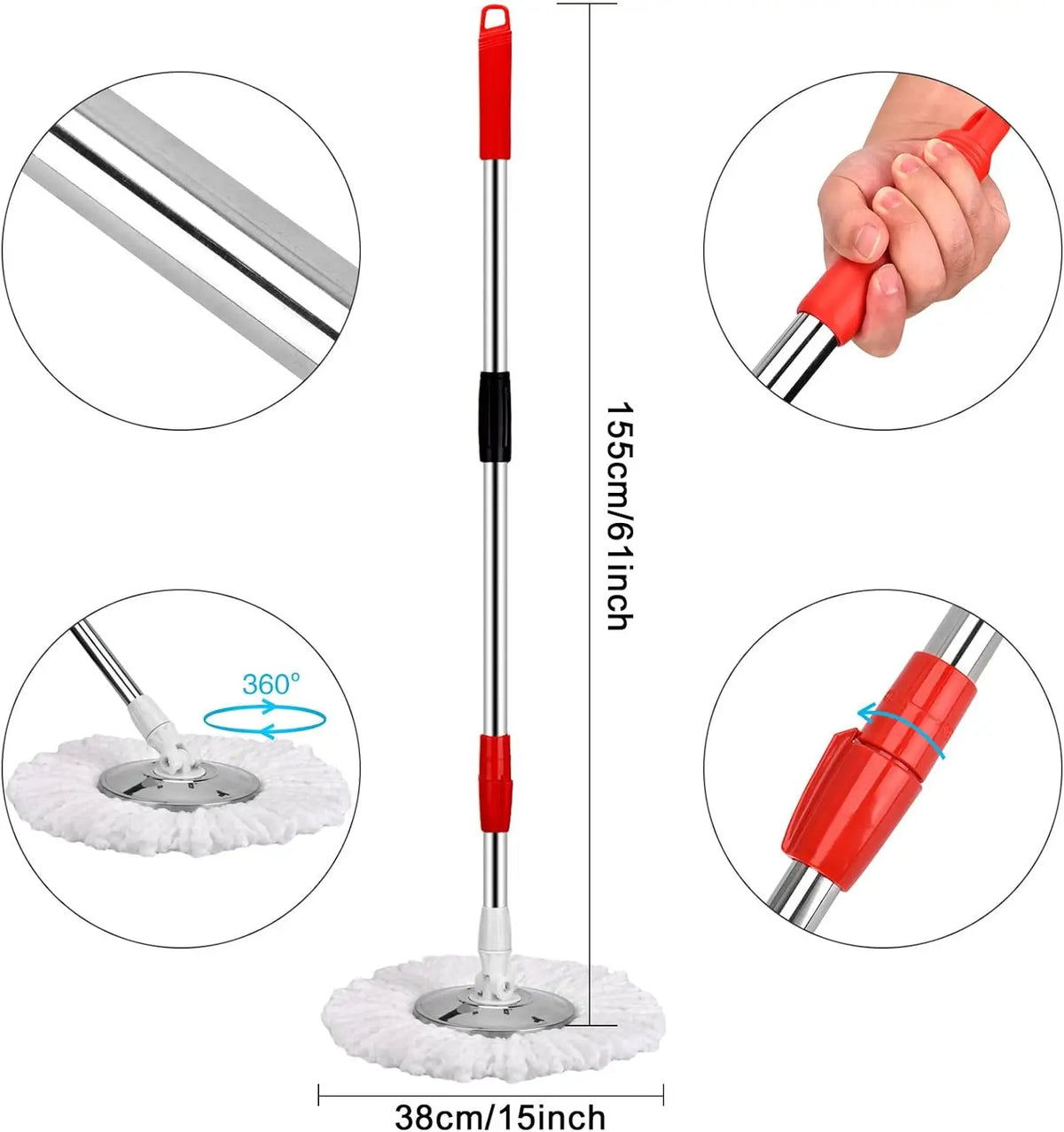 Set aus roten und silbernen 360-Grad-Spinmop-Schwimmhilfen mit verlängerter Griffe und Reinigungspads.