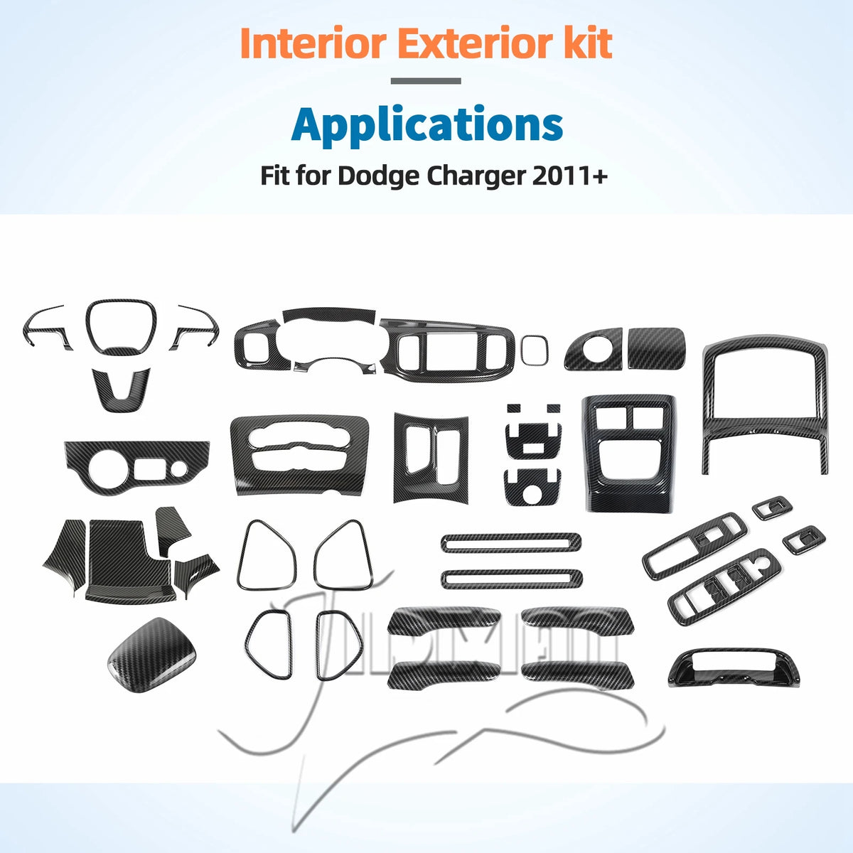Interior exterior kit for Dodge Charger applications showing various carbon fiber trim pieces