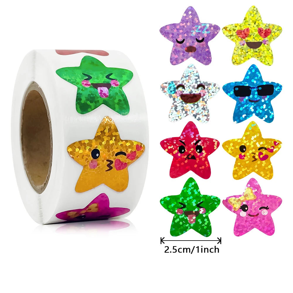 A roll of 500 glitter star stickers featuring various colored stars with cute faces for crafts and gifts.