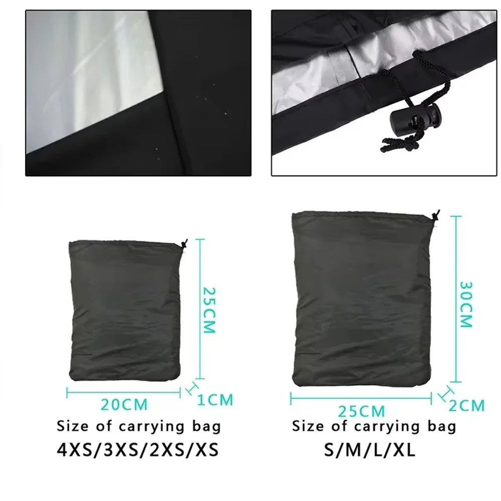 Various sizes of heavy-duty waterproof BBQ grill covers shown with close-ups and dimensions.