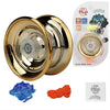 A shiny gold aluminum yo-yo with a clear center and an LED light mechanism, packaged for sale.