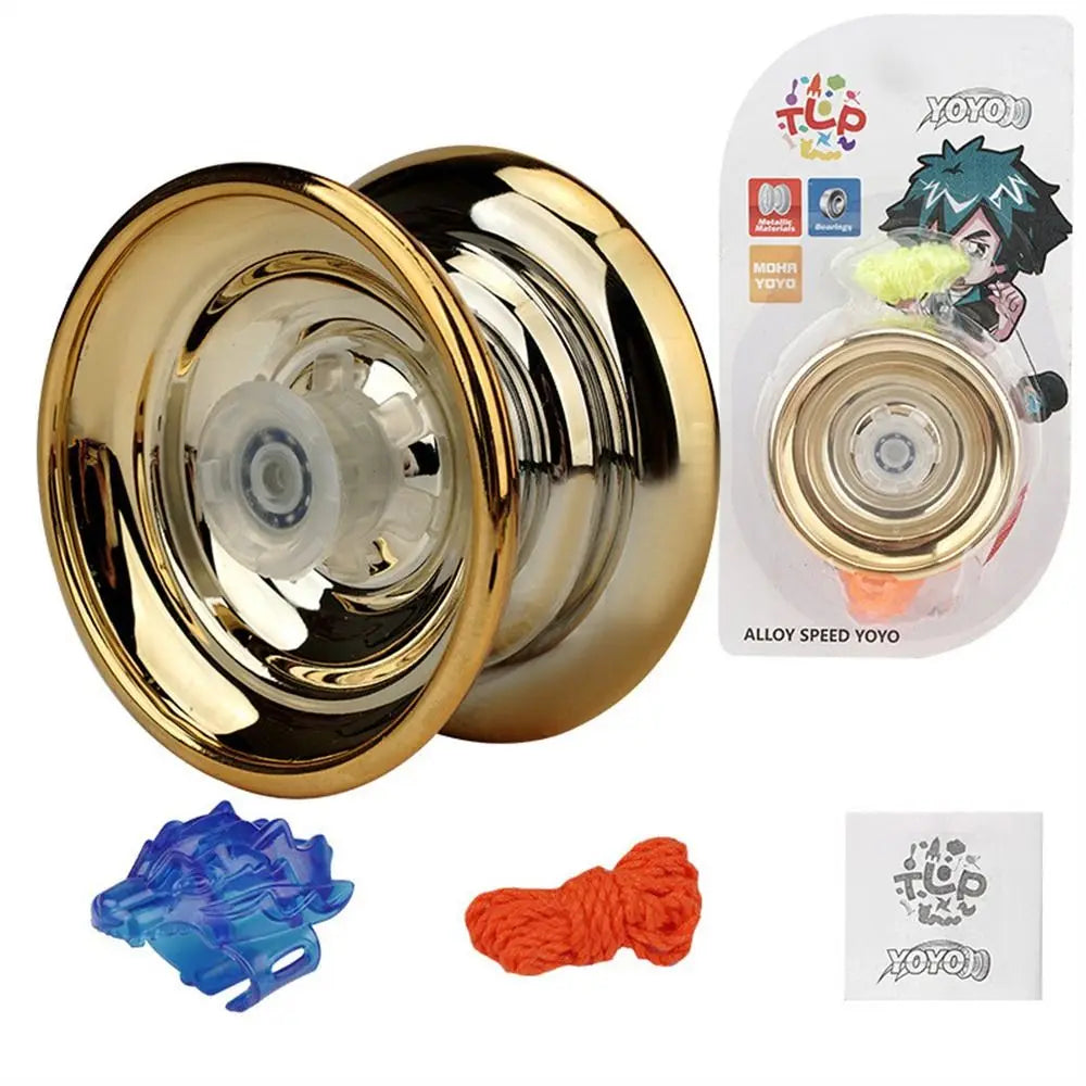 A shiny gold aluminum yo-yo with a clear center and an LED light mechanism, packaged for sale.