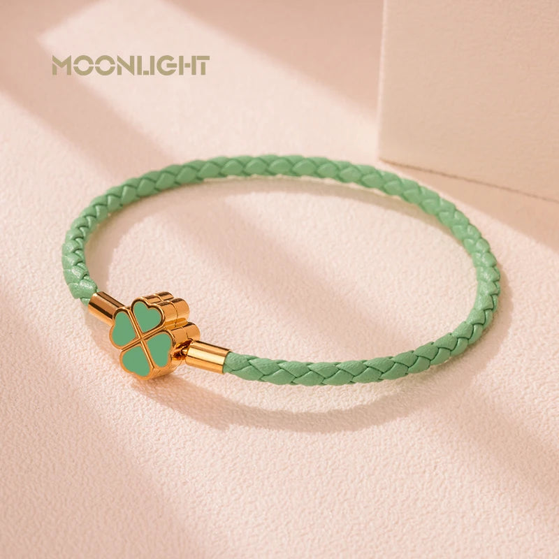 Four-Leaf Clover Braided Leather Bracelet