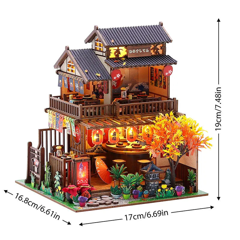 DIY miniature Japanese sakura tea house wooden kit featuring an illuminated structure and surrounding greenery