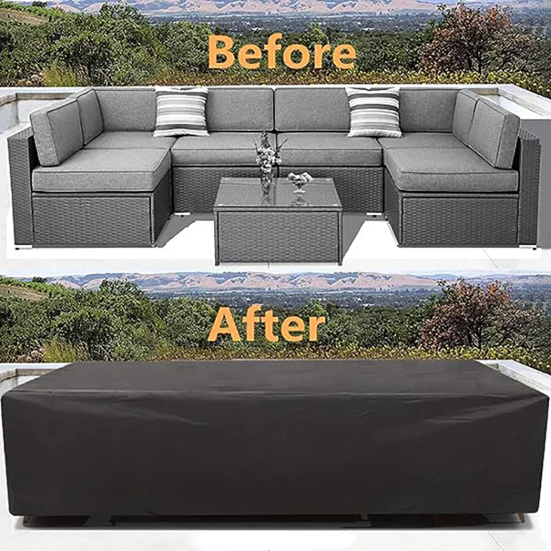 Before and after comparison of a weatherproof patio furniture cover on a sectional sofa.