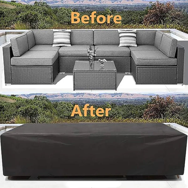 Before and after comparison of a weatherproof patio furniture cover on a sectional sofa.