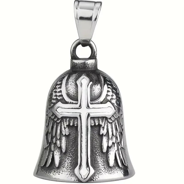 Silver angel wing motorcycle keychain with a cross design