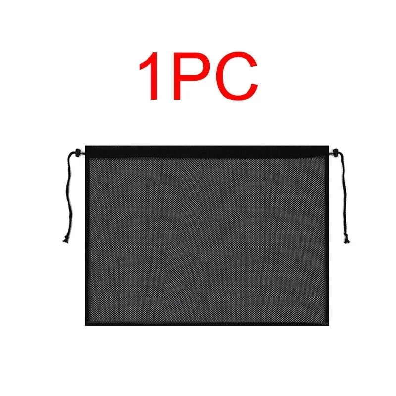 A black mesh car sunshade designed for windshield protection.