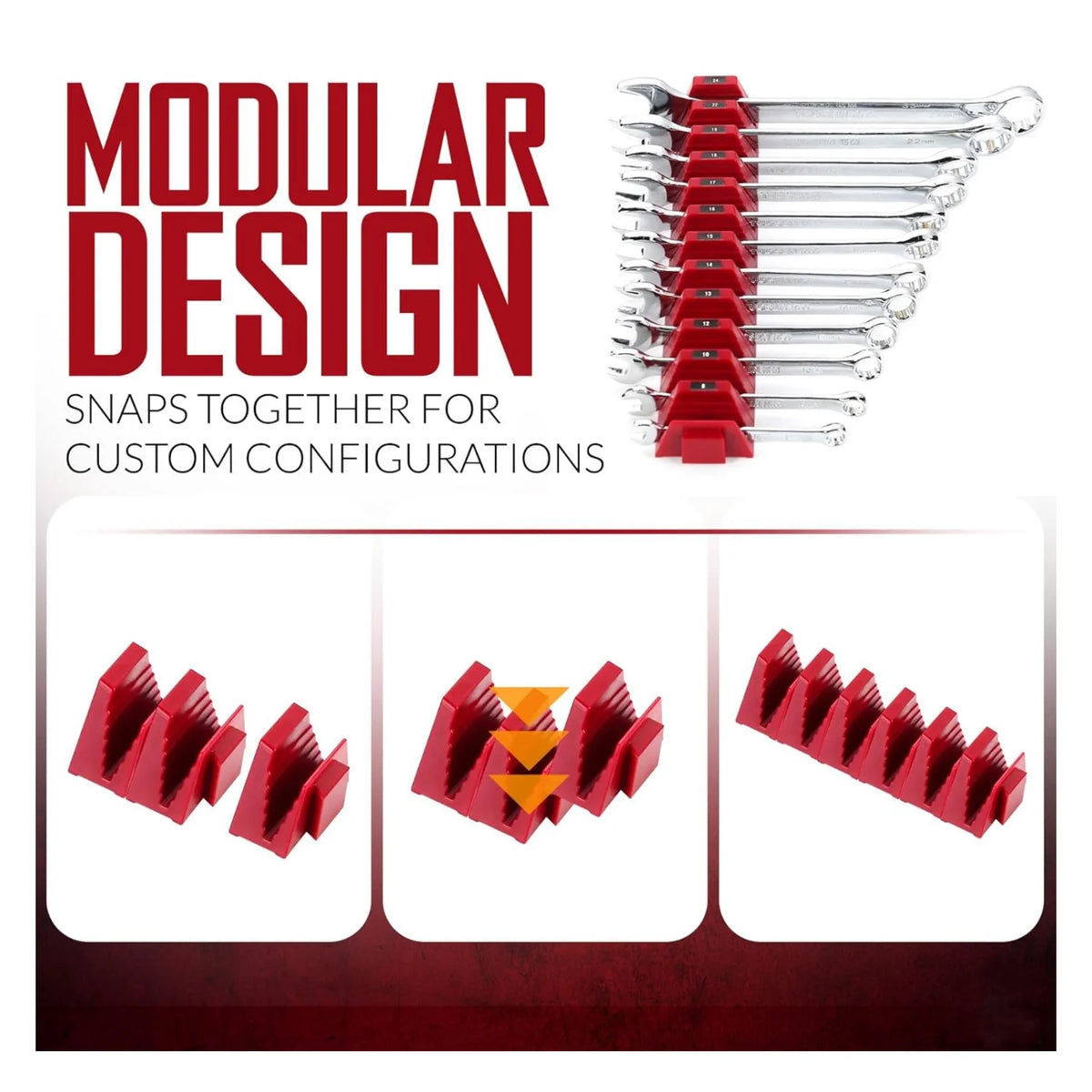 Modular design snaps together for custom configurations showing various red and silver magnetic wrench components.