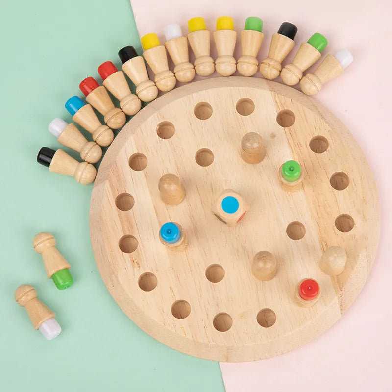 A wooden memory chess game for kids with various colored wooden pieces arranged in a circular pattern.