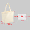 A beige canvas shopping tote bag shown with dimensions and an A4 sized card.