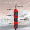 Roter digitaler Auto-Schaltkreis-Tester mit Sonde, LED-Lichtern, LCD-Anzeige, Netzschalter und Buzzer vor einer verschneiten 