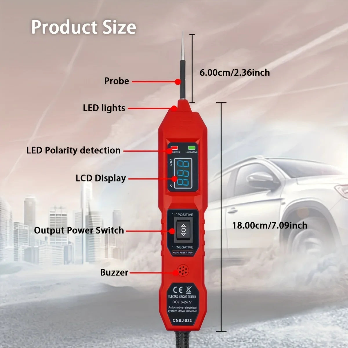 Roter digitaler Auto-Schaltkreis-Tester mit Sonde, LED-Lichtern, LCD-Anzeige, Netzschalter und Buzzer vor einer verschneiten 
