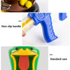 A close-up of a yellow duck shooting target game with a blue air-powered soft dart gun and a green plastic mouth design.