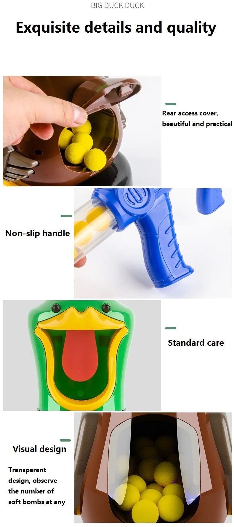 A close-up of a yellow duck shooting target game with a blue air-powered soft dart gun and a green plastic mouth design.