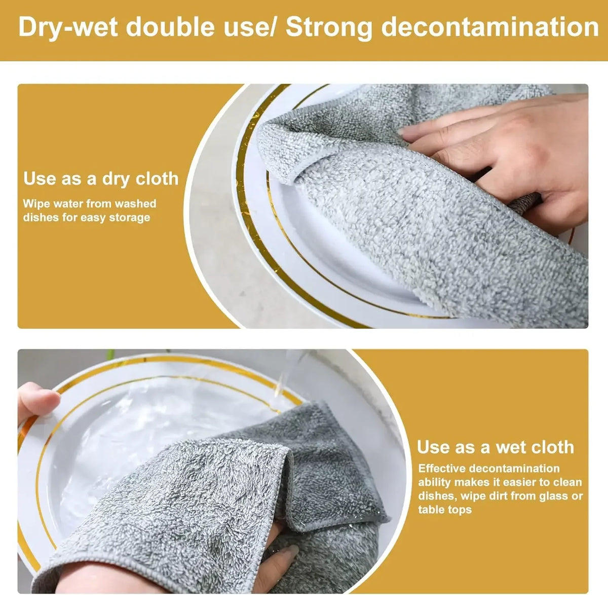 A gray bamboo charcoal microfiber kitchen cleaning cloth being used as a dry or wet cloth for decontamination.