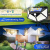 A solar powered motion sensor wall light is shown illuminating a modern home exterior at night.
