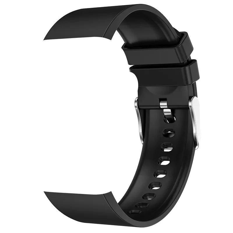 Montre connectée noire avec bracelet imitation cuir, vue de profil.