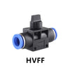 Black industrial pneumatic push-to-connect fitting with blue connectors