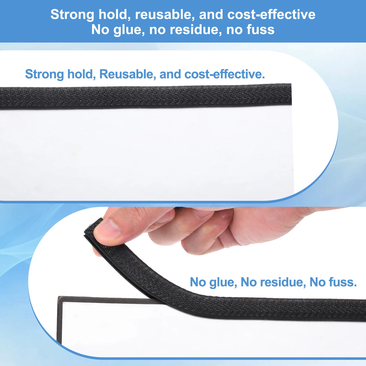 Black flexible rubber U-channel edge protector trim being held to demonstrate its strong hold and reusable nature.