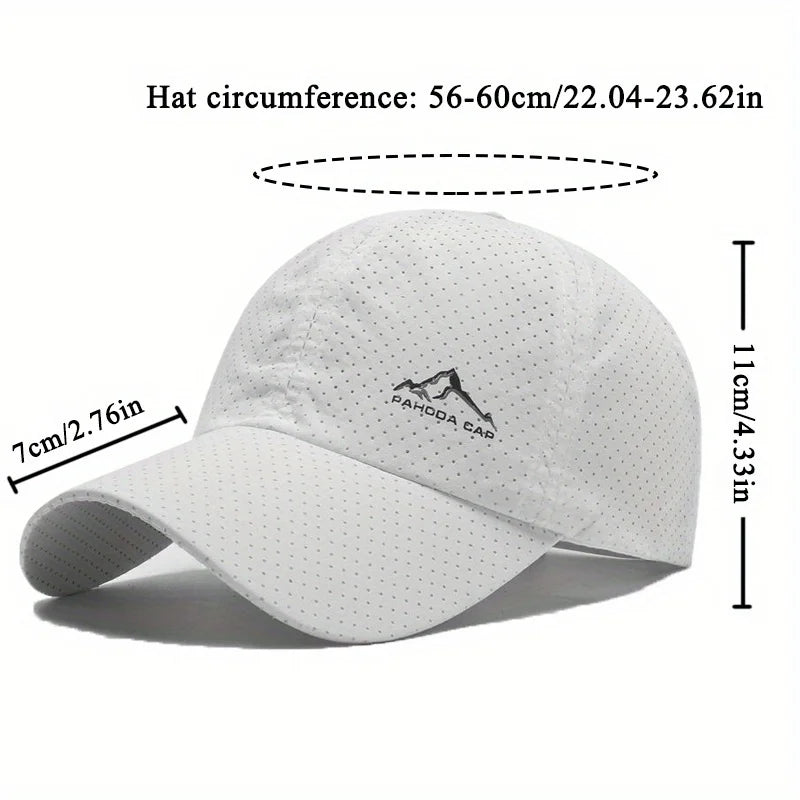 White perforated baseball cap shown from the side with measurements and a logo.