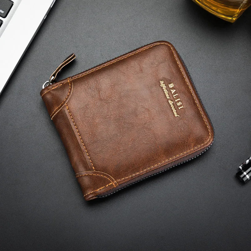 Men's Retro PU Leather Bifold Wallet with Zipper and Coin Pocket