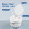 A white portable retainer and denture cleaning case with an open lid showing a cleaning brush and space for effervescent tabl