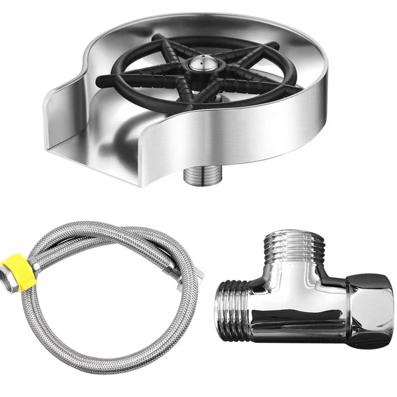 A stainless steel high pressure faucet glass rinser for bars and kitchens shown with its coiled flexible hose.