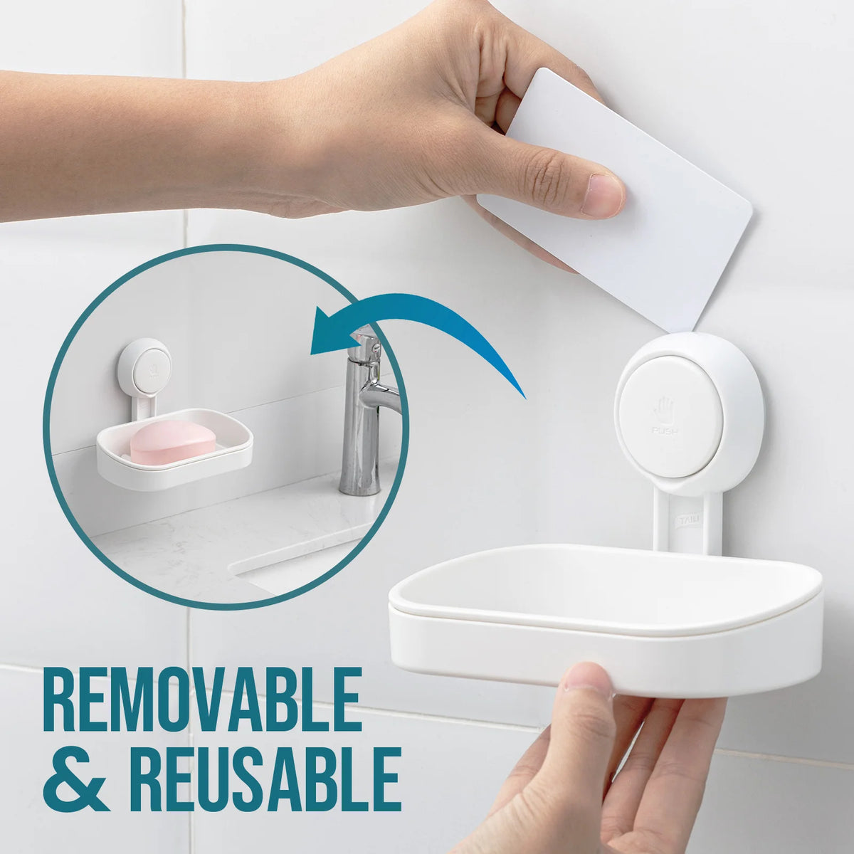 A hand is removing a white suction cup soap dish holder with a removable tray from a tiled surface.